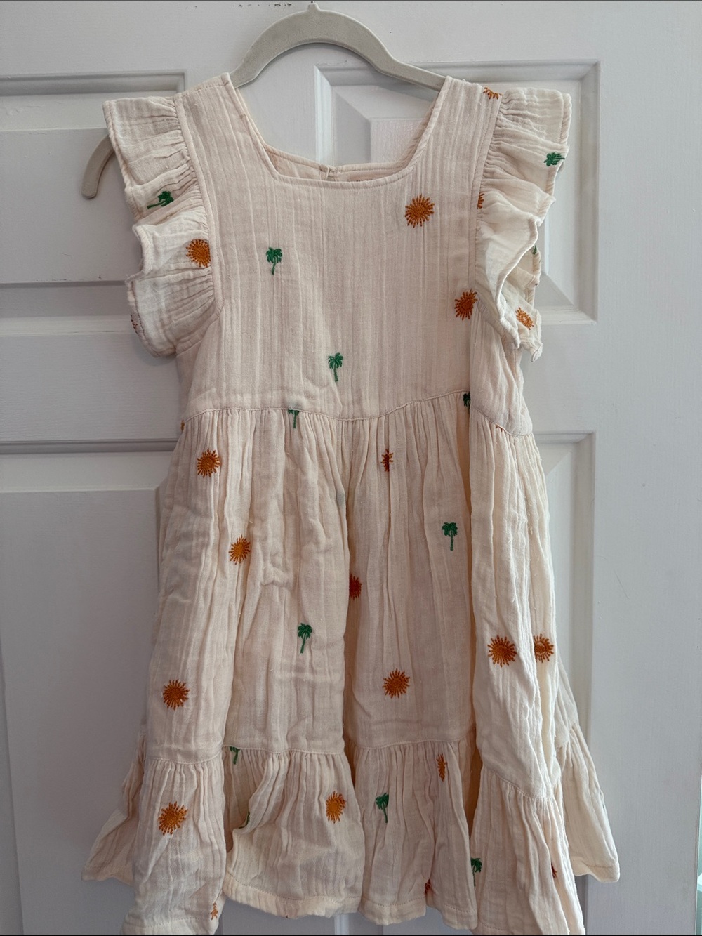Pink Chicken Girls' Cream Embroidered Flutter-Sleeve Dress